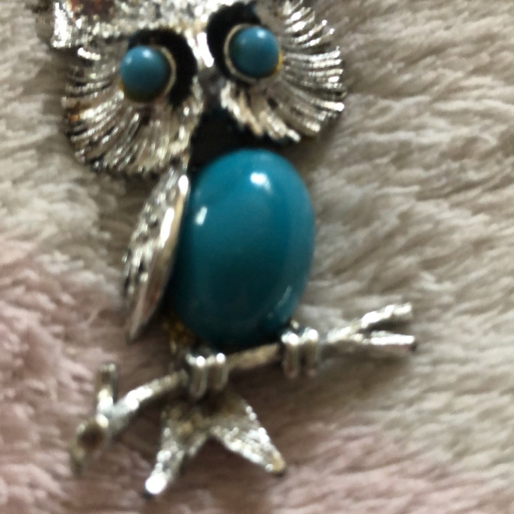 Silver Owl Pendant Necklace with Turquoise Stone